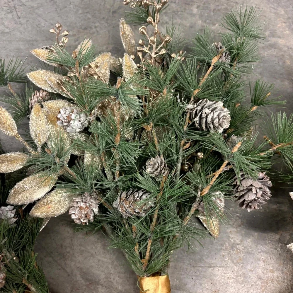 Set of 4 Winter Pine Floral Picks Gold Leaves Pinecones Holiday Christmas Decor